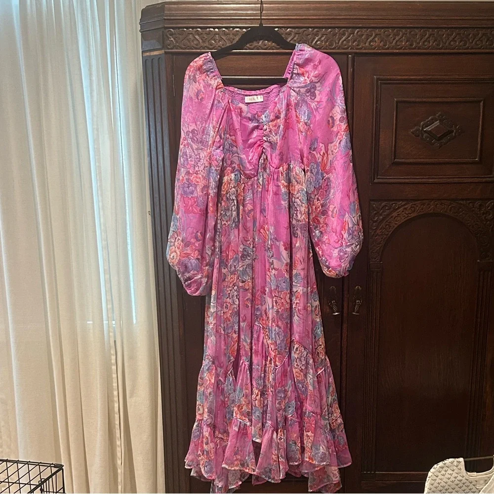 Shop Henly dress flowy smocked L shimmery purple semi-formal - Picture 2 of 8